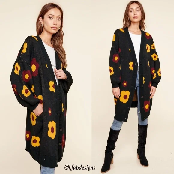 LAST ONE! Very Oversized Balloon Sleeve Floral Button Front Sweater Cardigan - Picture 4 of 6